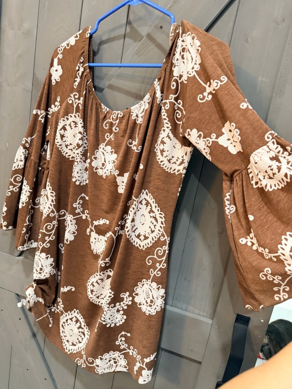 Brown Bell Sleeve Tunic with Cream Medallion Print western style in large